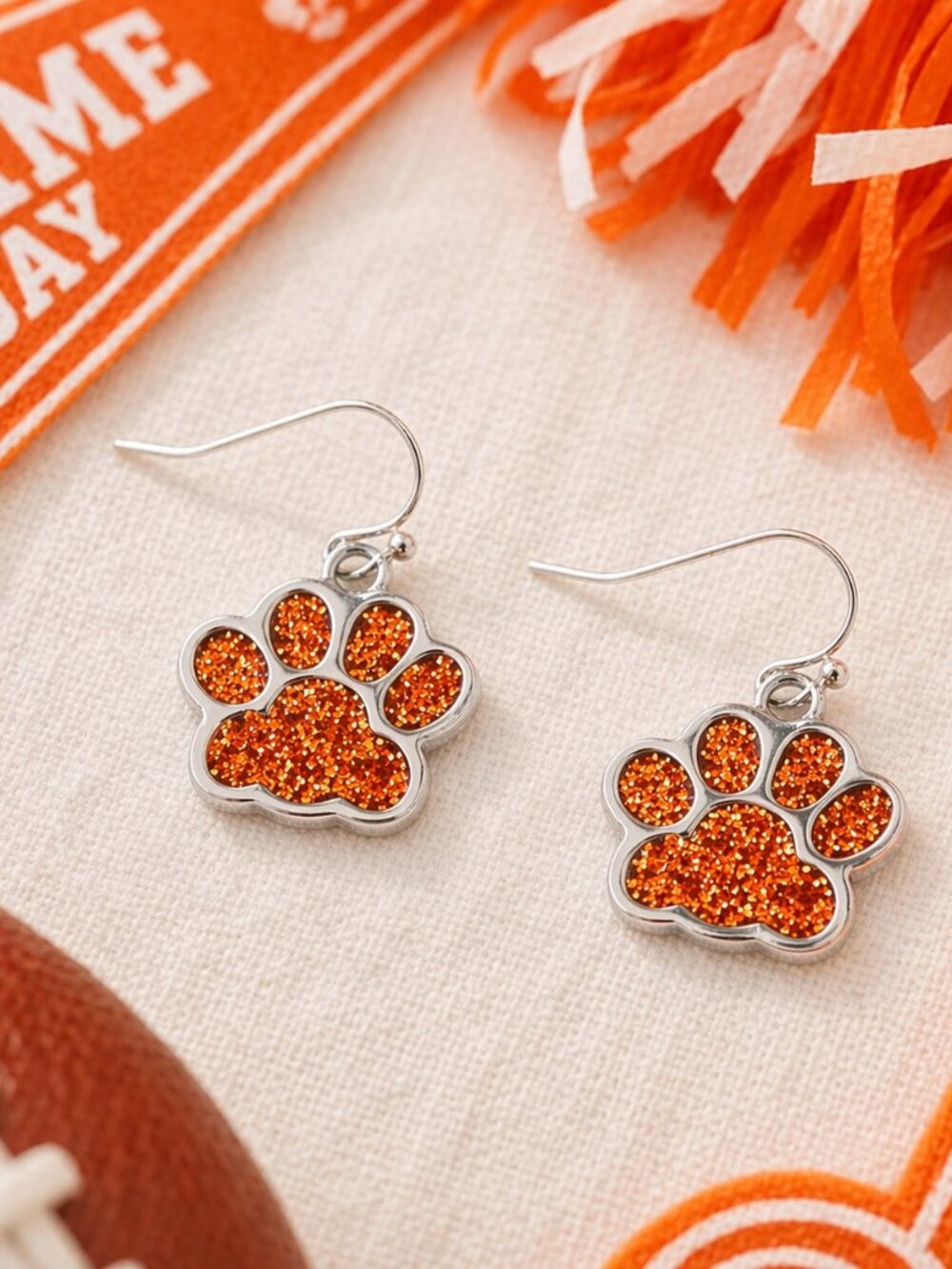 Orange Glitter Paw Print Dangle Earrings Pet Lover Dog Jewelry Gift